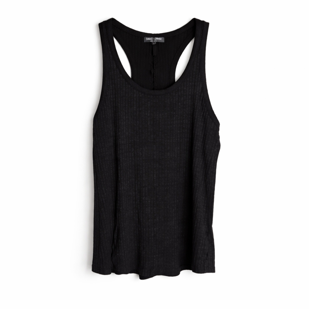 David Lerner Ribbed Racerback Tank Top Black Ruched Back Women's Small